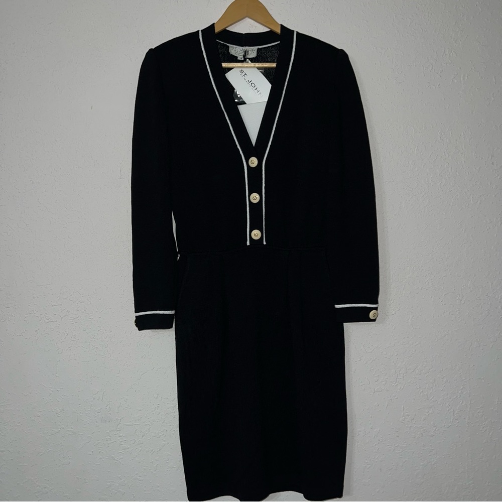 St. John BNWT Collection Santana Knit Sweater Dress Long Sleeve Button Up Black